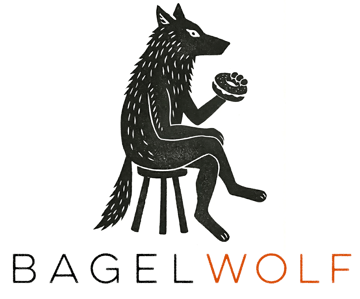 BagelWolf - A wolf sitting on a stool holding a bagel
